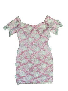 Vintage Pink & White Dress Womens L/XL* Floral Appliques & Sequins Party Dress